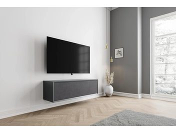 Vägghängt audio-video-skåp Clic TV Series Model TV55" 20S, mörkgrått, front i texturerat tyg, vy snett framifrån från vänster