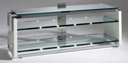 Schroers & Schroers Charisma 8 audio-videomøbel i glas og metal, med oplyste hylder, set forfra i perspektiv