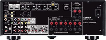 Yamaha RX-A860 titanium home theater amplifier, front view, numerous jacks and buttons, central display screen