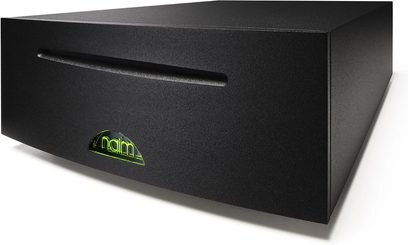 Naim Audio UnitiServe sort netværksaudioafspiller, set forfra i let nedadgående vinkel, grønt logo nederst til venstre