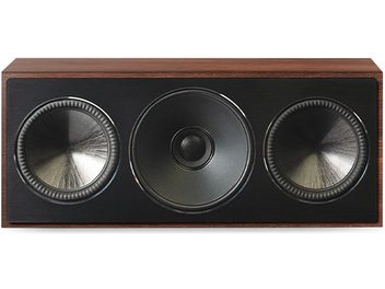 Caixa acústica central Paradigm Founder 70LCR em nogueira, vista frontal, 3 alto-falantes circulares pretos em um gabinete retangular de madeira