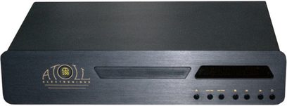 Atoll Electronique CD100SE-2 sort CD-afspiller, set forfra, sort front med gylden logo, blå display, 6 knapper, CD-skuffe