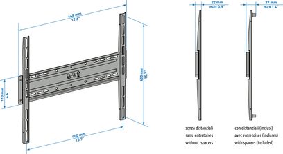 Teknisk diagram med dimensioner af et Meliconi CME ES400 vægbeslag til TV set forfra, uden afstandsstykker og med medfølgende afstandsstykker