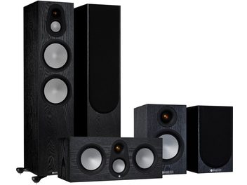 Set di diffusori da pavimento Monitor Audio Silver 500 7G black oak composto da due grandi diffusori e tre più piccoli, in legno scuro, visti frontalmente