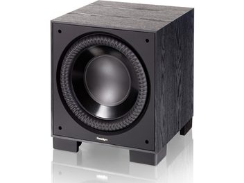 Paradigm Monitor SUB 12 v7 zwarte subwoofer, hoekaanzicht, voorkant met ronde luidspreker, vierkante voetjes