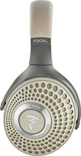 Cuffie wireless Focal Bathys dune, colore grigio e beige, viste di profilo, griglia forata sul padiglione auricolare, logo "F" argentato