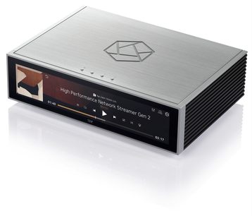 Reproductor de audio en red RS151 plateado con carcasa rectangular de metal cepillado, pantalla frontal negra que muestra información, laterales ranurados