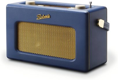 Roberts Revival iStream 3L Tischradio in Mitternachtsblau, rechteckiges Gehäuse aus marineblauem Kunstleder mit passendem seitlichem Griff, goldfarbene Metall-Lautsprechergitter und cremefarbene Tasten auf der Oberseite, Dreiviertelansicht von vorne