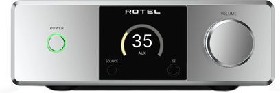 Rotel DX-5 integreret stereo hi-fi forstærker i sølv, kabinet i børstet aluminium, frontvisning med sort centralt display med digital indikator, tænd/sluk-knap med grøn LED-ring til venstre og stor sølvfarvet volumenkontrol til højre