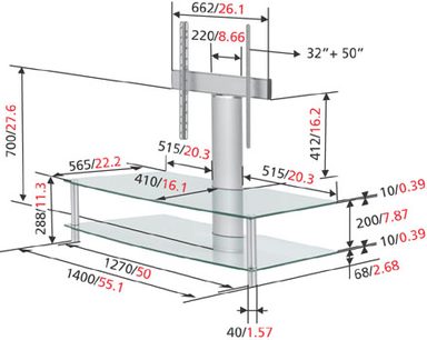 Vogel's DFP 2145 audio-/videomøbel med detaljerede dimensioner set forfra og fra siden, i sort/hvid på hvid baggrund