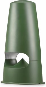 Cassa acustica da esterno Triangle Garden 7 verde, vista frontale, corpo conico slanciato in metallo verde opaco con un'ampia apertura circolare centrale che lascia intravedere una griglia grigia e una base allargata
