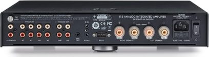 Integreret Primare I15 sort hi-fi stereoforstærker, frontpanel, frontvisning, tilslutninger og kontroller, 2 højttalerudgange