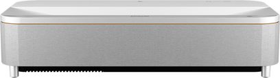Epson EH-QS100W beamer, vooraanzicht, rechthoekige witte en grijze behuizing, gouden rand, zwarte onderrooster, cilindrische voetjes