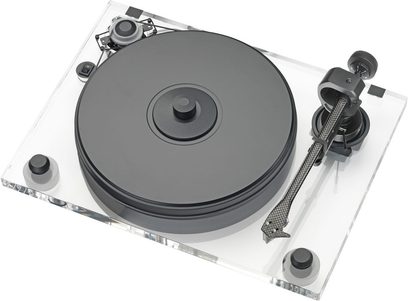 Pro-Ject 2 Xperience DC gennemsigtig akryl pladespiller, set ovenfra i et dykkende perspektiv, med monteret tonarm og pickup