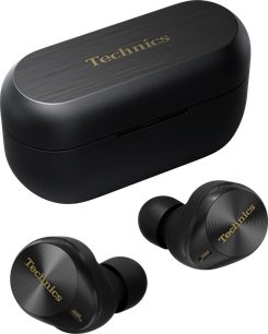 Technics EAH-AZ80 trådløse in-ear hovedtelefoner, sort med ørepropper og ovalt transportetui