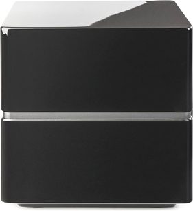 Dynamo 12 subwoofer i sort højglans, frontvisning, kubisk form, glat overflade, vandret central opdeling, afrundede hjørner