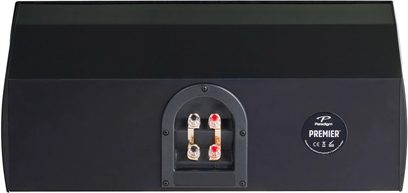 Paradigm Premier 500C centerhøjttaler i sort lak, set bagfra, forgyldte stik, rund etiket til højre