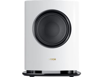 Hvid mat Canton Reference Sub subwoofer set forfra, med sort højttaler og sort højglanssokkel