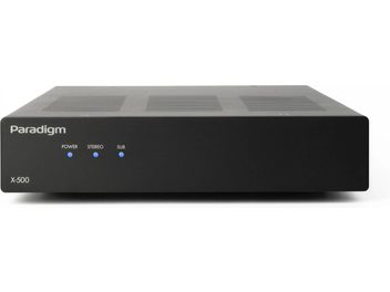 Wzmacniacz mocy hi-fi Paradigm X-500, czarna prostokątna obudowa, przedni panel z 3 niebieskimi wskaźnikami i napisami
