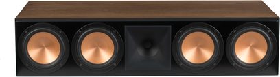 Hlavní reproduktor Klipsch RC-64 III v ořechovém provedení, 5 černých kruhových reproduktorů na přední straně z tmavého dřeva, pohled zepředu