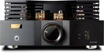 Preamplificator stereo Cayin Soul 170C negru, metal, vedere frontală, buton mare de volum încadrat cu auriu, tuburi vizibile, indicatoare LED