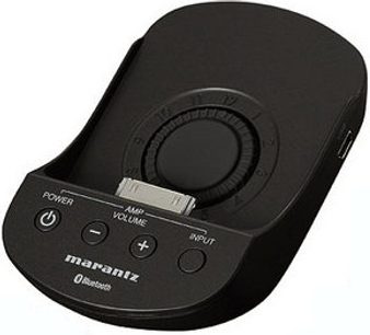 Marantz IS-301 sort multimedie-højttaler, set oppefra, med kontrolknapper og LCD-skærm på oversiden