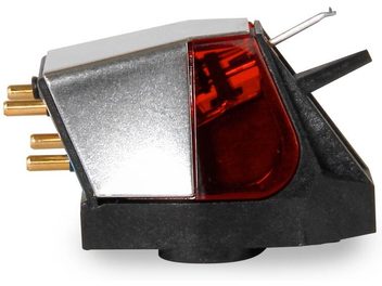 Giradischi Rega Nd3, vista laterale, corpo nero, pannello argentato, sezione rossa traslucida, 3 pin dorati