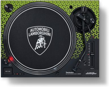 Hi-Fi-Plattenspieler Technics SL-1200M7B in Grün, Draufsicht, schwarze runde Plattentellerscheibe mit weißem Logo, Tonarm rechts