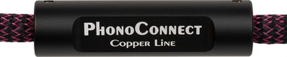 Primo piano, vista frontale, Thorens PhonoConnect PHC 150 DIN-XLR 1,5 m, cilindro intermedio in alluminio nero opaco con iscrizione «PhonoConnect Copper Line», cavo intrecciato nero e fucsia che emerge da entrambi i lati