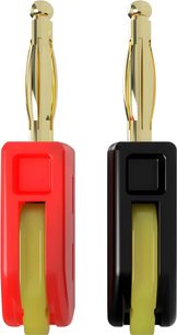 Zwei goldene und zwei schwarze Speaker Snap-Bananenstecker, frontal und vertikal auf weißem Hintergrund abgebildet