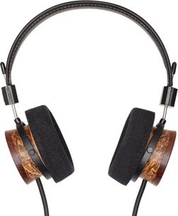 Grado RS1x open-back hi-fi headphones, front view, black headband, black circular ear pads, wooden ear cups, black braided cable