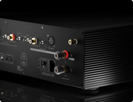Back view of a black audio amplifier with RCA and XLR inputs, speaker connectors and heat sinks