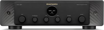 Marantz Model 40n zwarte stereoversterker vooraanzicht, geborsteld aluminium voorkant, OLED-display, bedieningsknoppen en regelaars