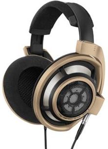 Sennheiser HD 800S Anniversary åben hi-fi hovedtelefon, guld- og sortfarvet, set fra venstre profil, med ørepuder og hovedbøjle synlige