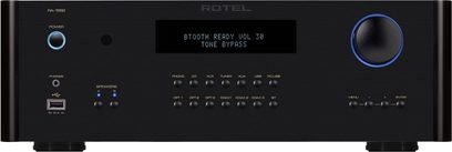 Sort Rotel RA-1592 stereo hi-fi-forstærker, frontpanel med display, knapper og stik, set forfra