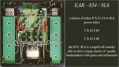 Hi-fi stereo zesilovač EAR Yoshino 834, vnitřní pohled na elektronické součástky, elektronky a zelené tištěné spoje