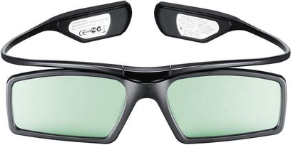 Černé 3D brýle Samsung SSG-3570CR, pohled zepředu, obdélníkové zeleně tónované čočky, široké nožičky, bílé štítky