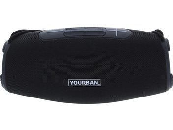 Enceinte bluetooth Yourban Getone 45, vue de dessus, forme cylindrique, tissu noir, boutons de contrôle gris, logo Yourban