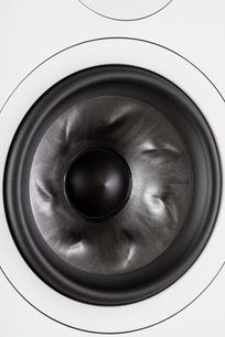 Altavoz circular negro visto de frente sobre fondo blanco, con una membrana de tela gris oscuro en el centro rodeada por un marco negro brillante