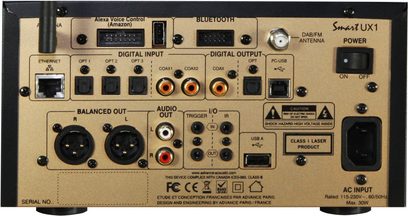 Netværksaudioafspiller Advance Paris UX1 sort, forfra, digitale og analoge lydtilslutninger, indbygget Alexa-kontrol