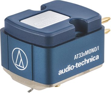 Testina phono Audio Technica AT33xMONO/I, corpo metallico blu, pin dorati, punta visibile, vista a tre quarti