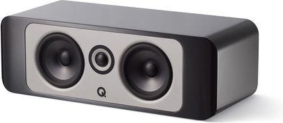 Q acoustics Concept 90 sort lakeret centralhøjttaler, set forfra, med to højttalere og en central diskant