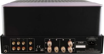 Taga Harmony TTA-1000 sort hi-fi rørforstærker, frontpanel, frontvisning, indgange, udgange, knapper, stik, indikatorer