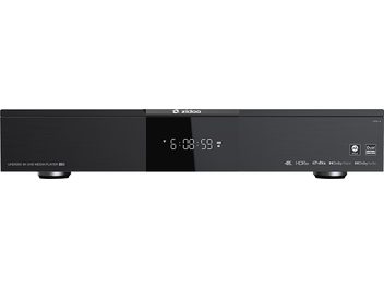 Vorderseite eines Zidoo UHD5000 Multimedia-Players, mattes schwarzes Gehäuse, LED-Display, 5 Metall-Tasten