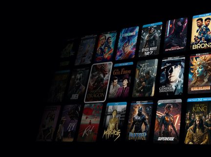 Movie cases in diagonal perspective, aligned in 4 rows, various genres, bright colors, black background