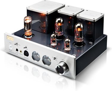 Preamplificatore per cuffie hi-fi Cayin HA-3A argento, pannello frontale in alluminio spazzolato e chassis grigio antracite, quattro valvole a vuoto luminose e tre coperture dei trasformatori sulla parte superiore, grande manopola del volume e connettori per cuffie sul frontale, vista da tre quarti anteriore