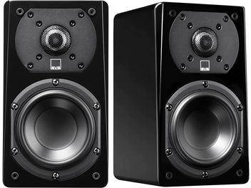 Diffusori acustici da libreria SVS Prime Satellite neri laccati, vista frontale, tweeter e woofer circolari, parte anteriore nera opaca