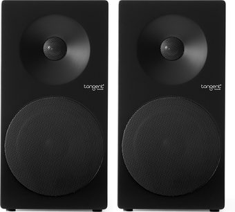 Dvě knihovnové reproduktory Tangent Spectrum II X5 v černé barvě, pohled zepředu, kruhové kovové mřížky a výškové reproduktory s kopulí