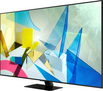 Samsung QE50Q80T 2020 QLED plochá televize, pohled zepředu, zobrazující barevné a průsvitné geometrické tvary