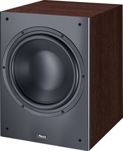 Subwoofer Sub 530A, Perspektivansicht, rechteckiges Gehäuse, Holzoptik, schwarze Front, runder Lautsprecher